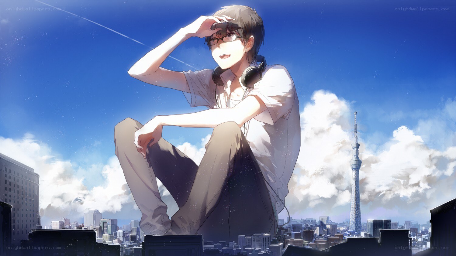 Anime boy on rooftop with city view