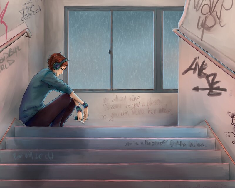 Anime Boy on Stairs — Blue