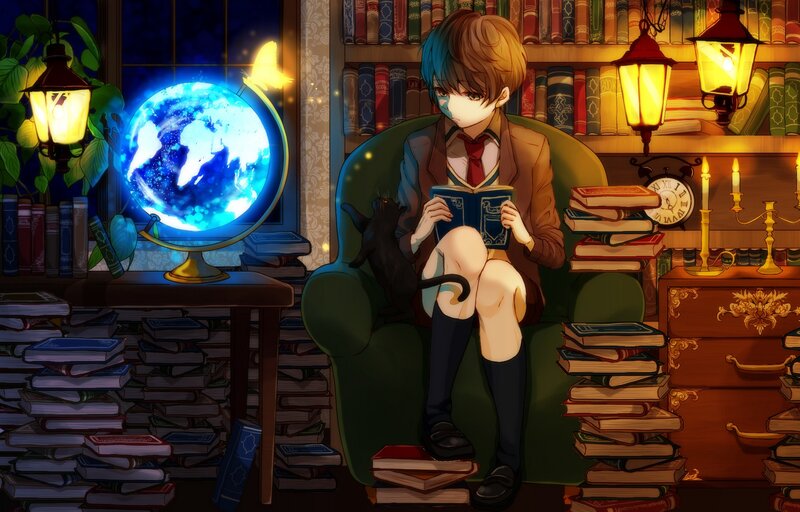 Anime Boy Reading Book — Blue, Cozy
