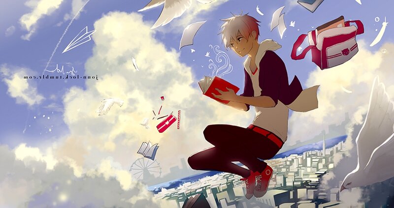 Anime Boy Reading Book — Blue