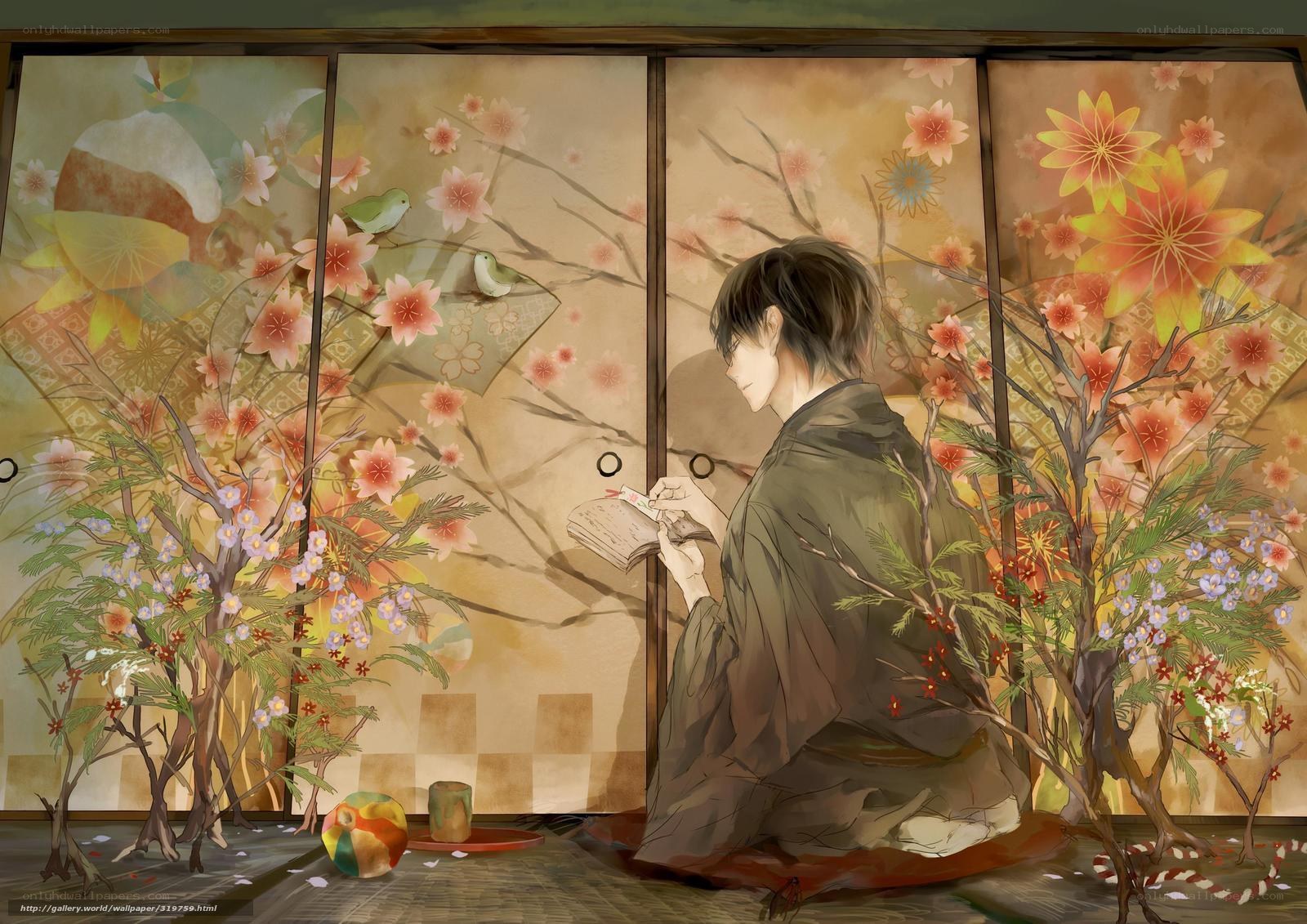 Anime boy reading by floral screen