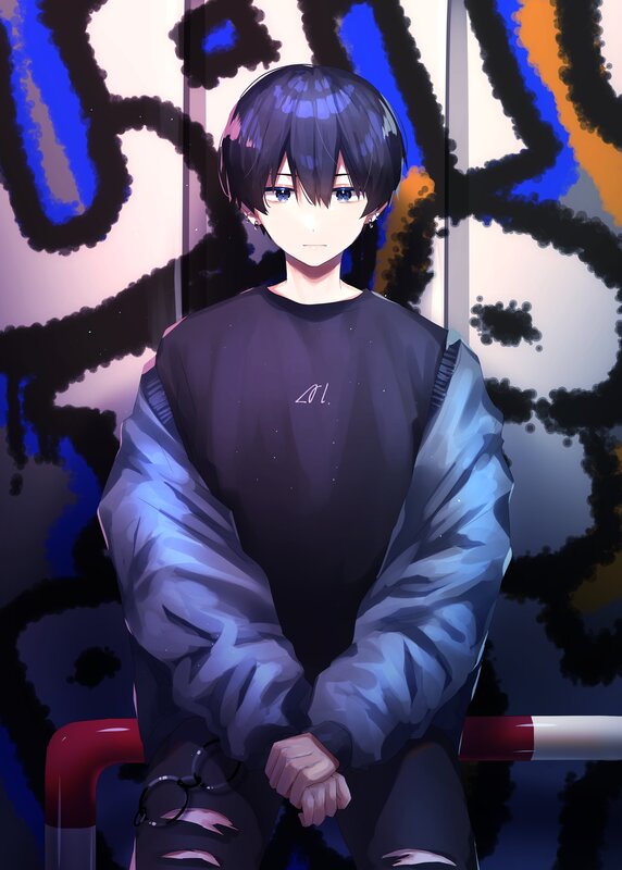 Anime Boy Sitting — Blue