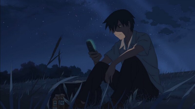 Anime Boy Sitting in Field — Blue