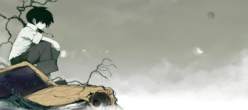 Anime Boy Sitting on Wreckage