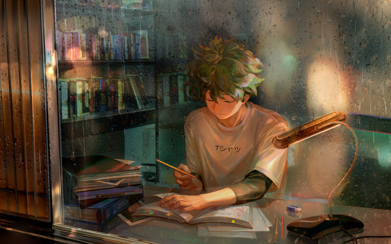 Anime Boy Studying — Green