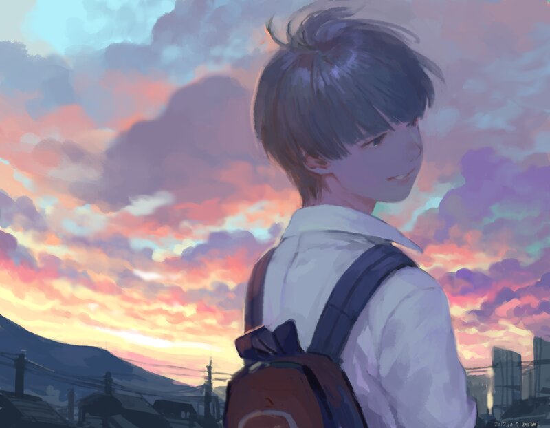 Anime Boy with Backpack — Purple
