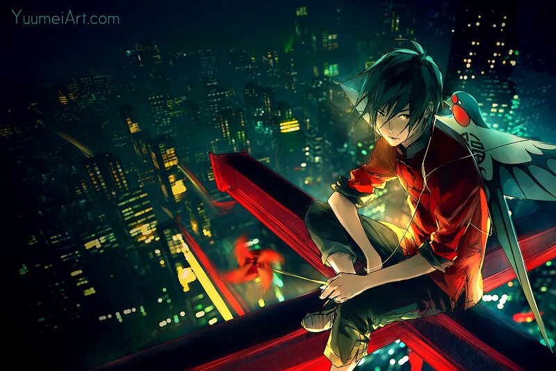 Anime Boy with Bird — Black, Dramatic