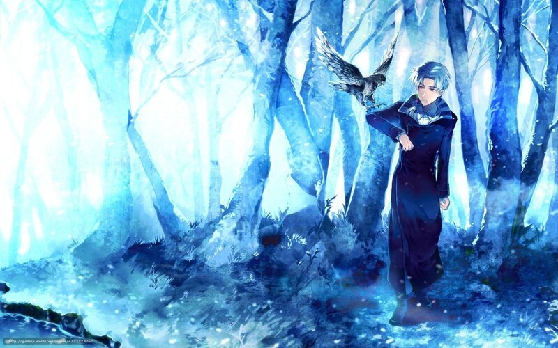 Anime boy with bird in forest