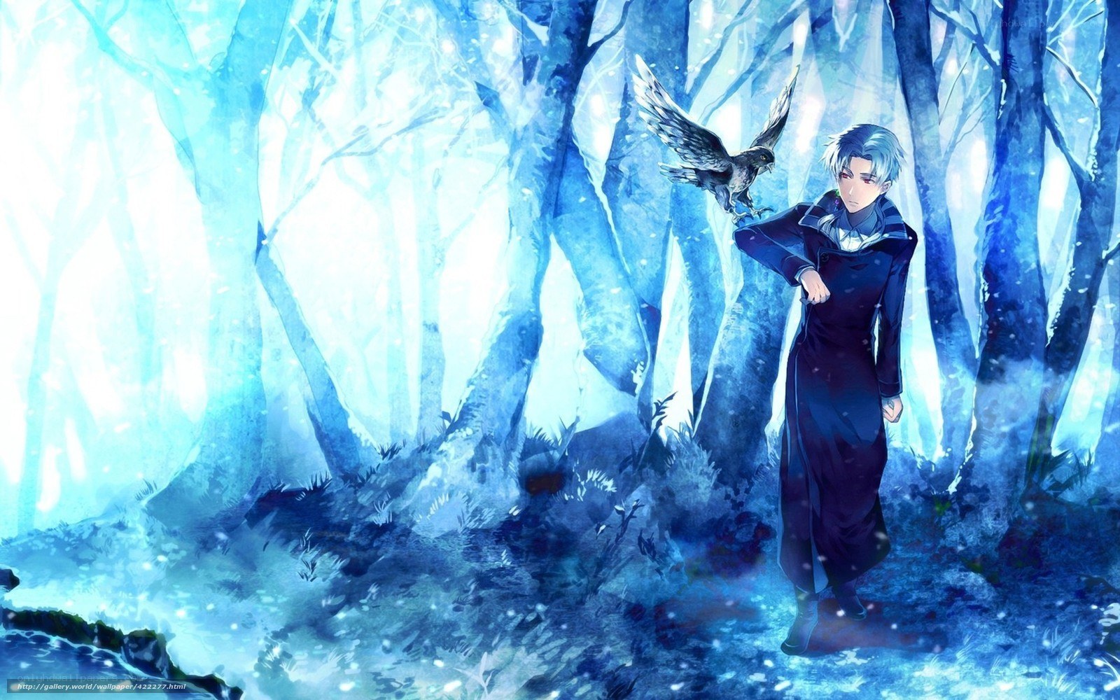 Anime boy with bird in forest
