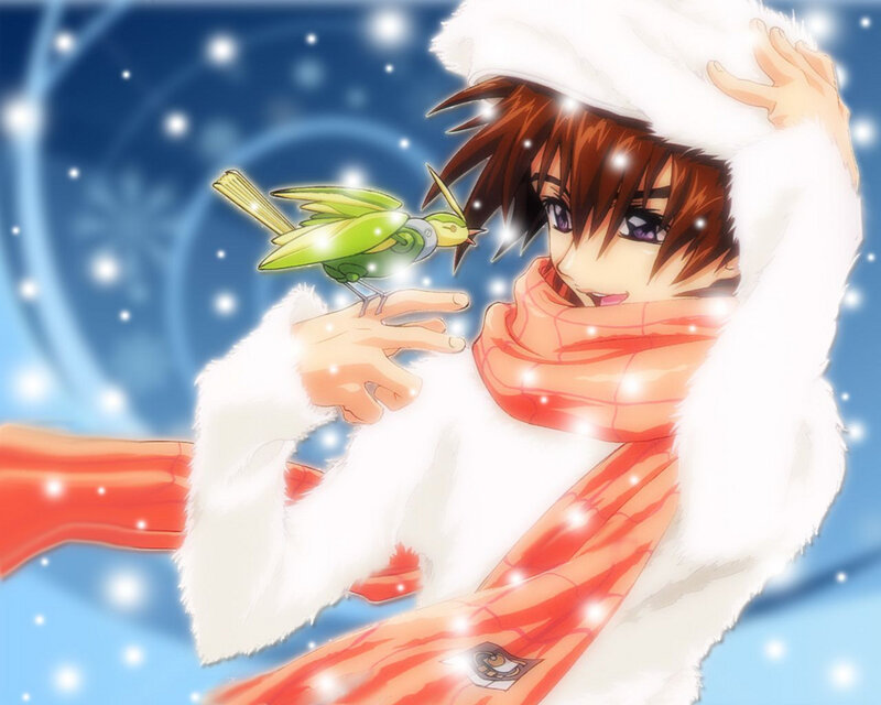 anime boy with bird in snow