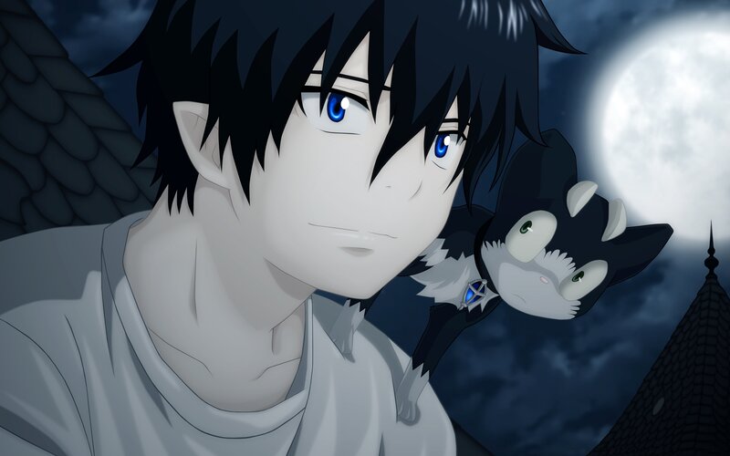 Anime Boy with Cat — Black, Dramatic