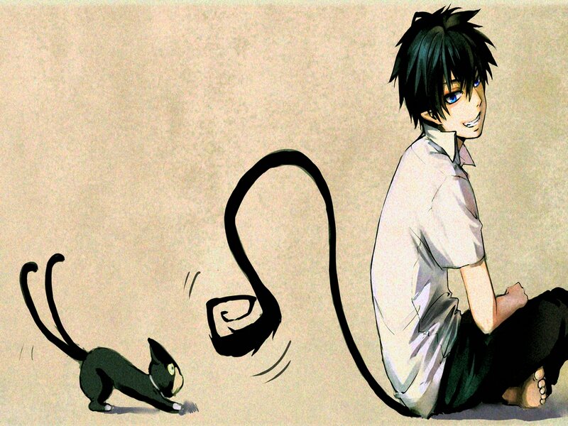 Anime Boy with Cat — Black, Playful