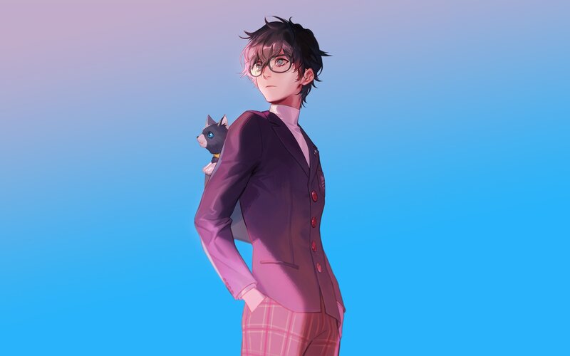 Anime Boy with Cat — Blue