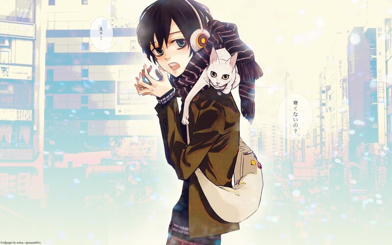 Anime boy with cat in city