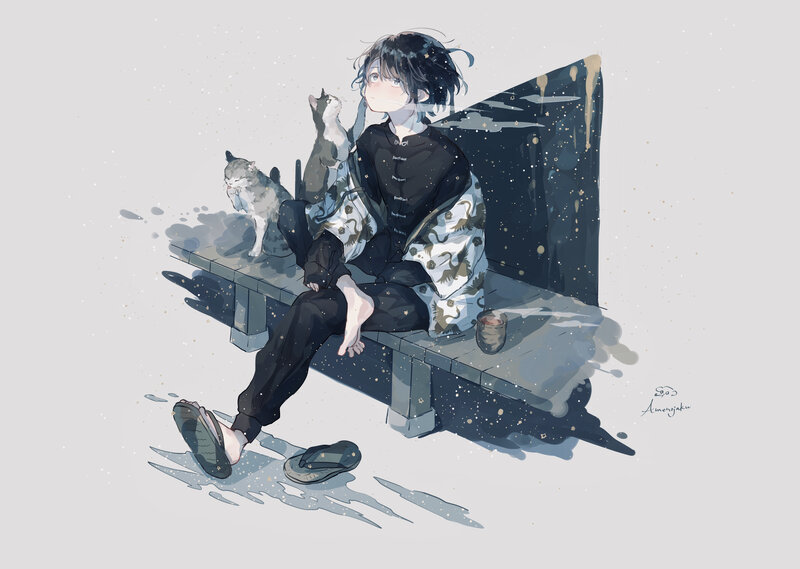 Anime Boy with Cats