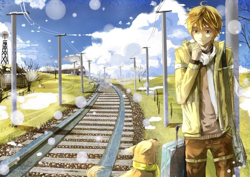Anime boy with dog at train station