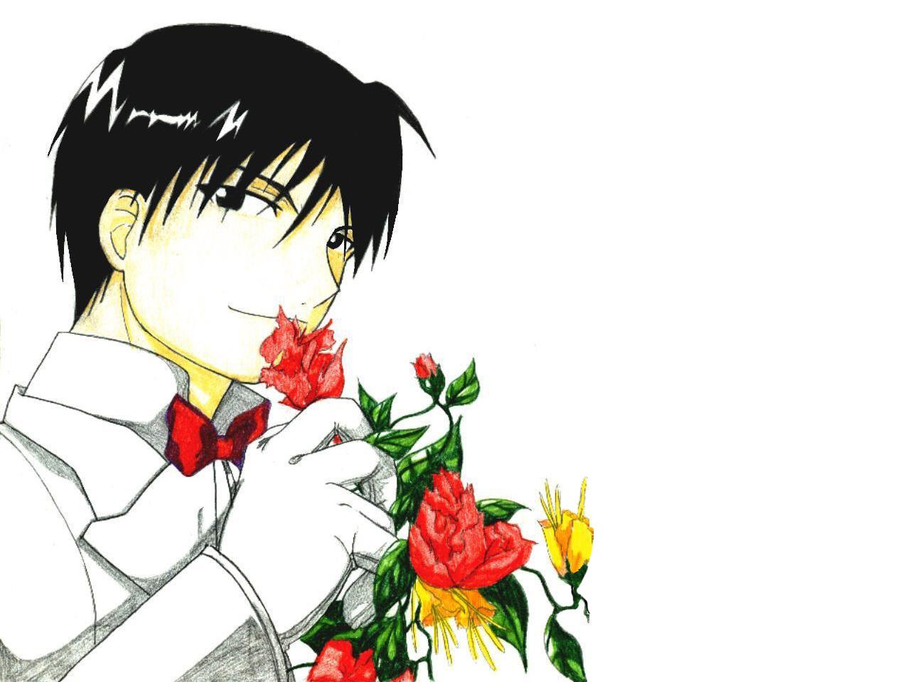 anime boy with flowers