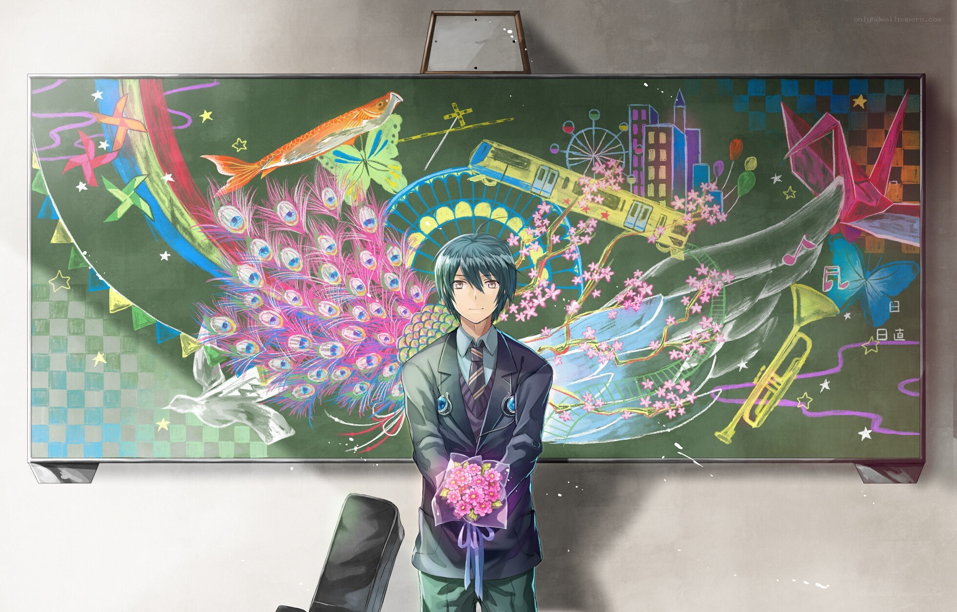 anime boy with flowers