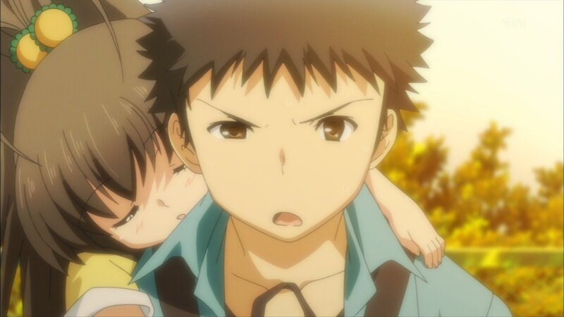 anime boy with girl hugging him