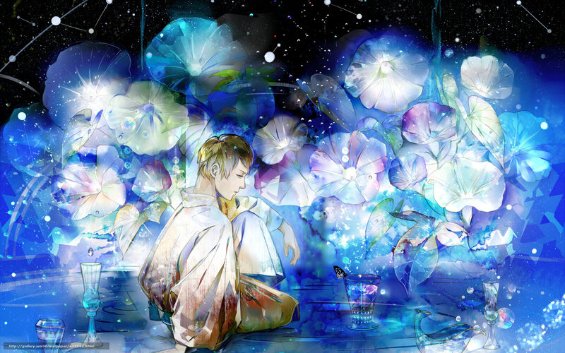 Anime boy with glowing flowers