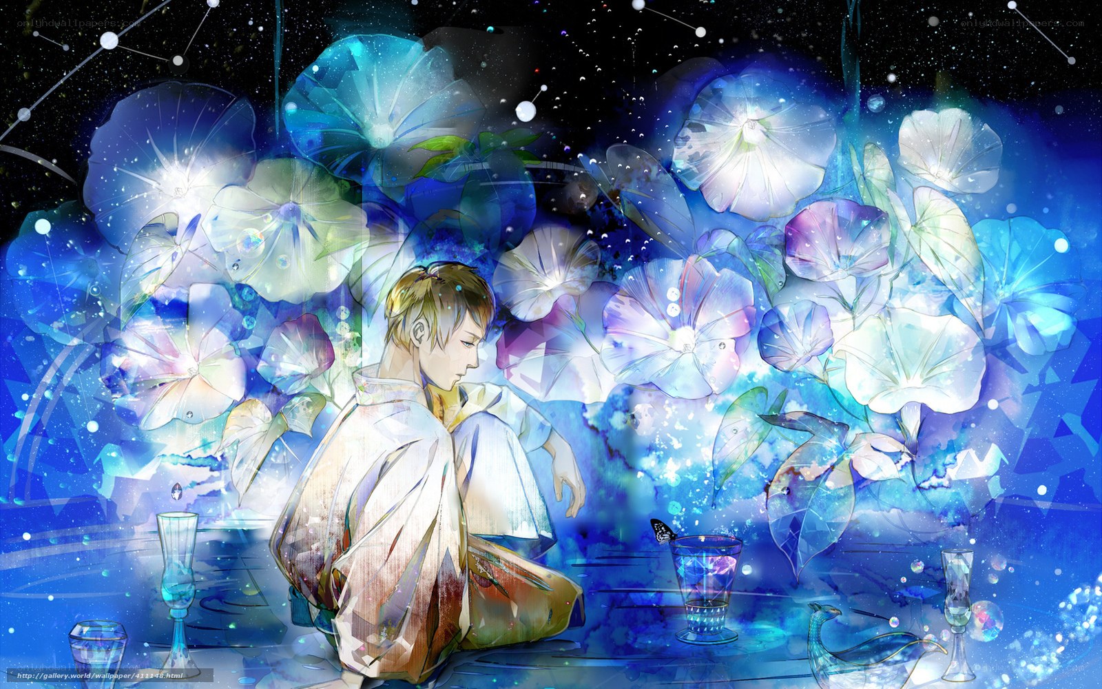 Anime boy with glowing flowers