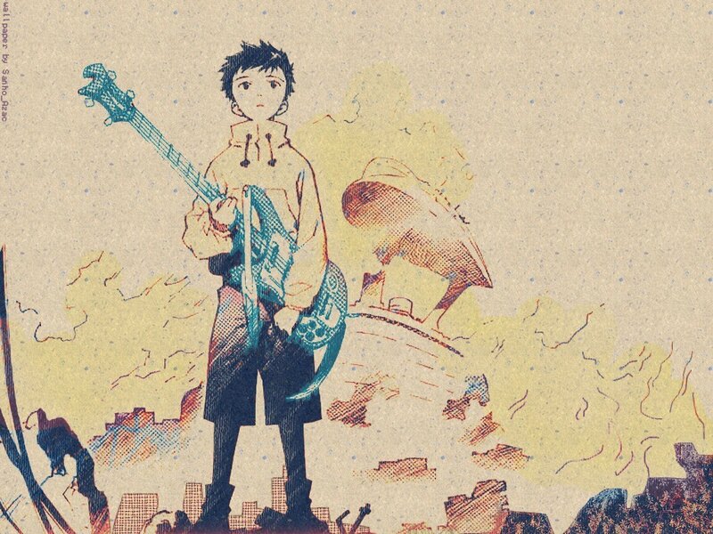 Anime boy with guitar in ruins