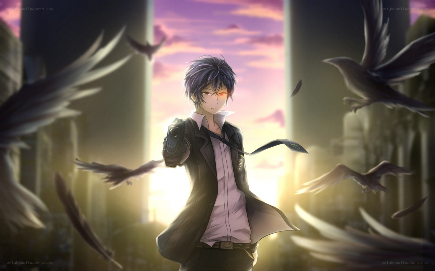 anime boy with gun and crows