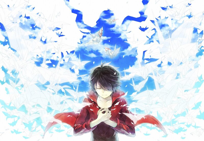 anime boy with paper cranes