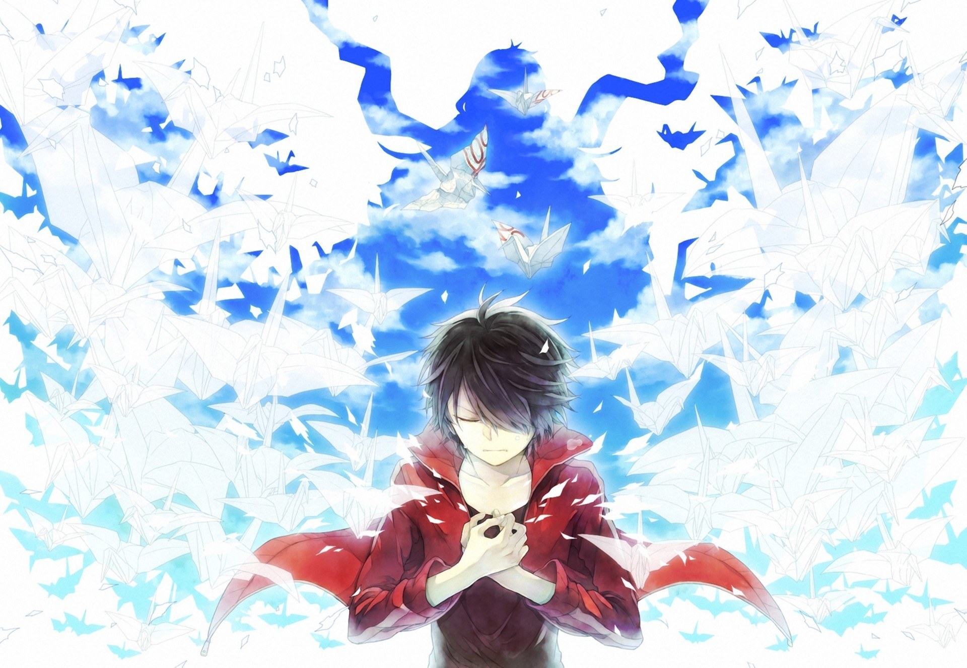 anime boy with paper cranes