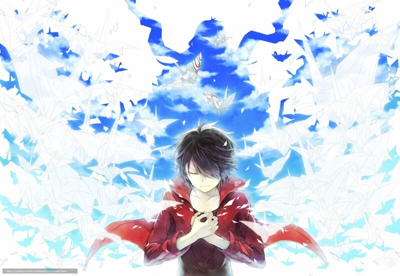 Anime boy with paper cranes