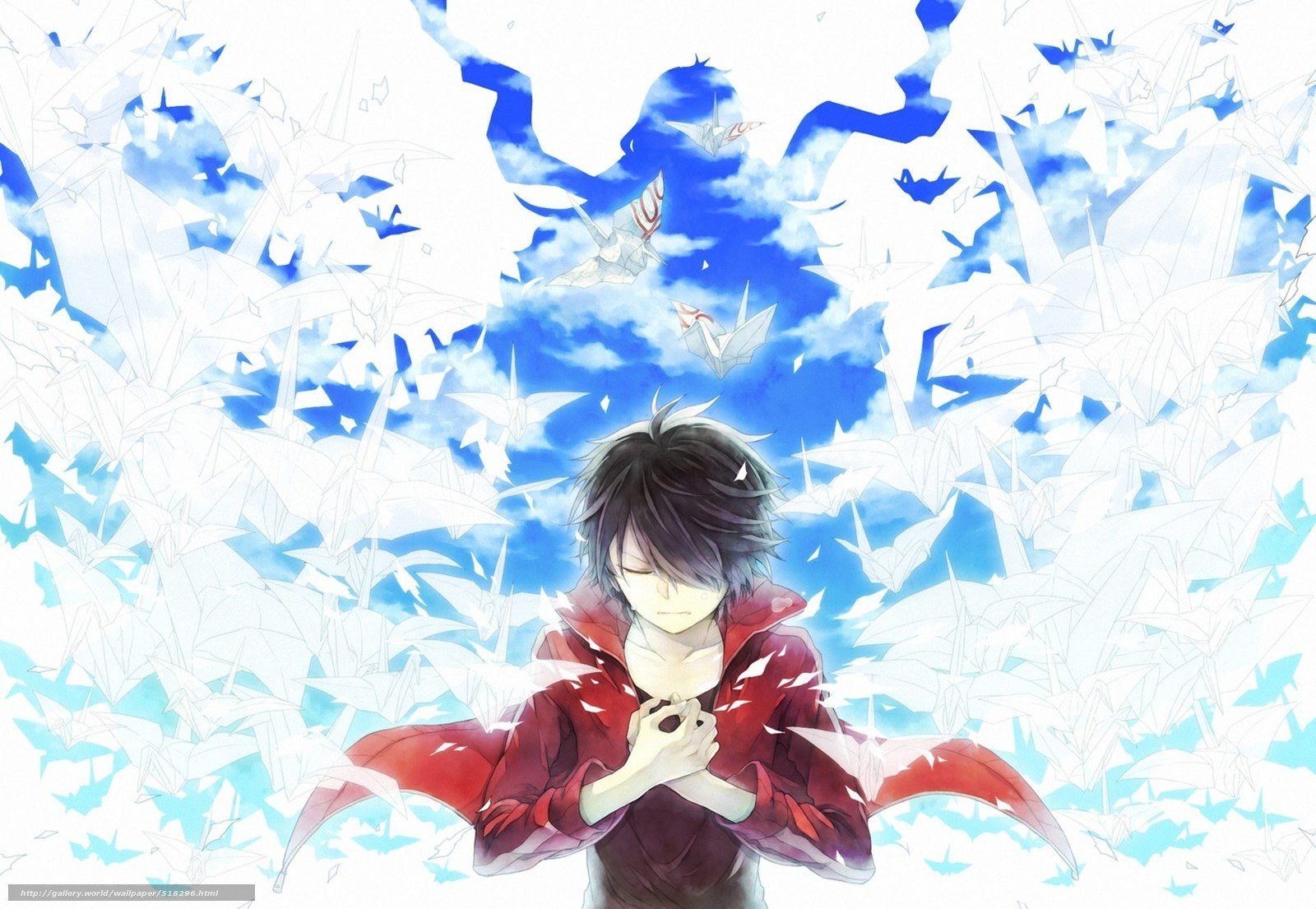 Anime boy with paper cranes