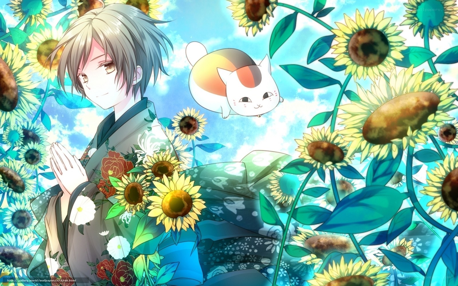Anime boy with sunflowers