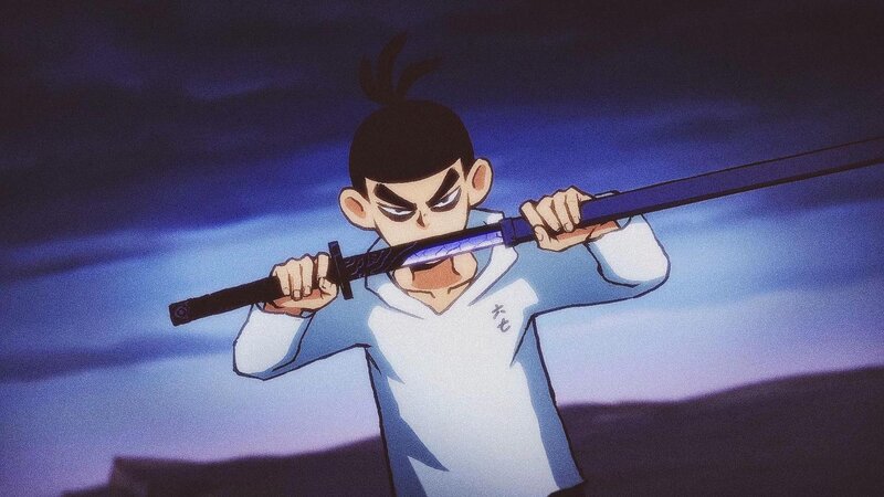 Anime Boy with Sword — Blue, Dramatic, Night, Night Sky