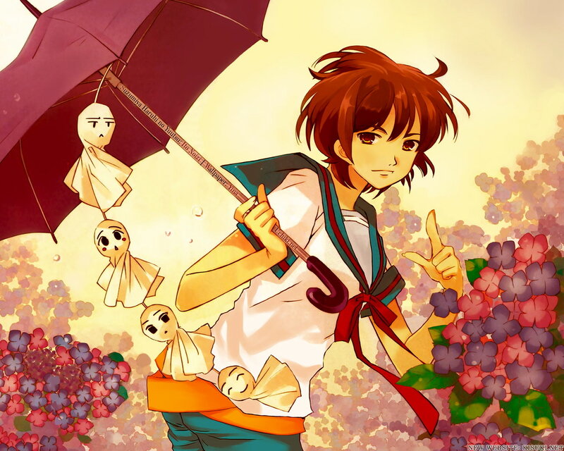 Anime boy with umbrella and paper dolls