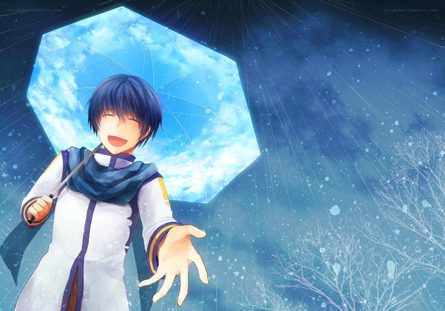 anime boy with umbrella in rain
