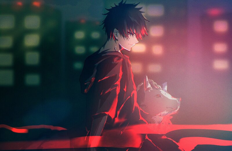 Anime Boy with Wolf — Red