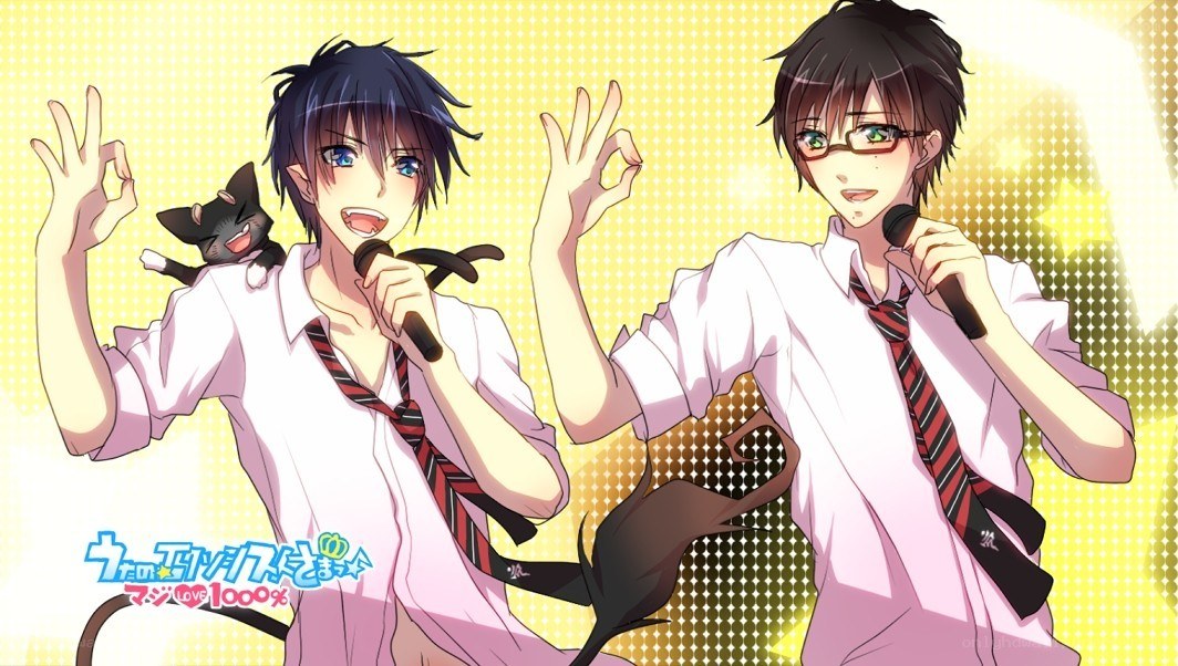 anime boys singing with cat