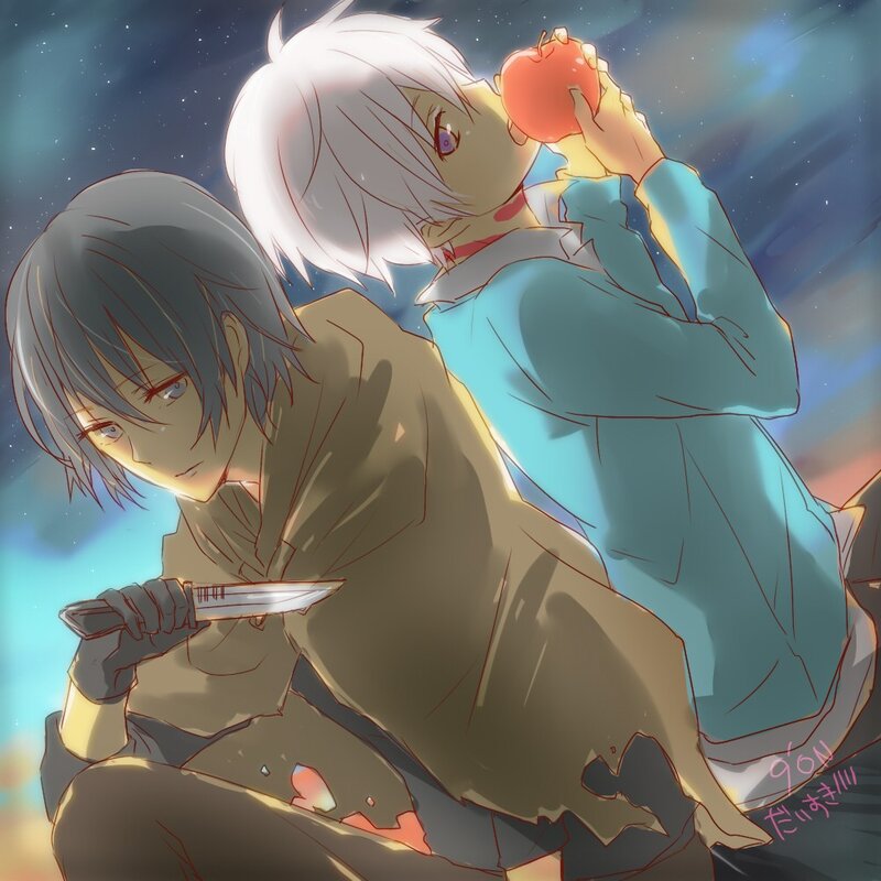 Anime boys with knife and apple