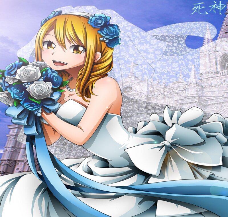 Anime Bride Holding Bouquet — Blue, Joyful