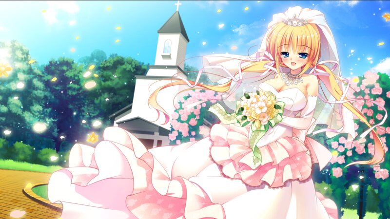 Anime Bride Holding Bouquet — Pink, Joyful
