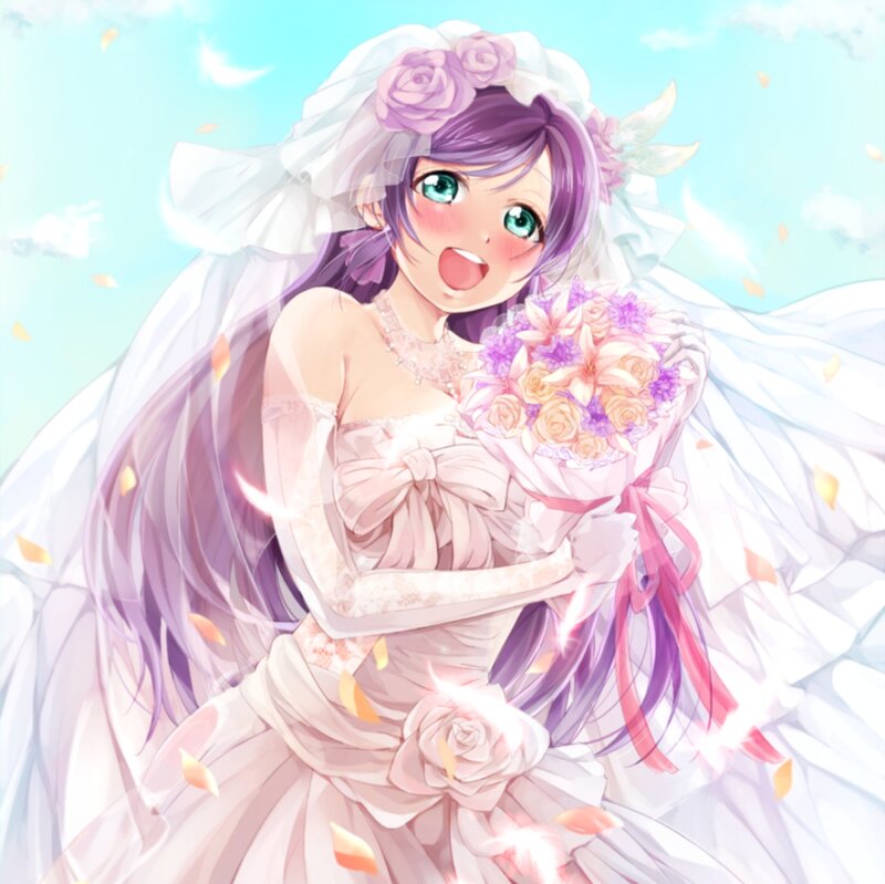 Anime Bride Holding Bouquet — White, Joyful