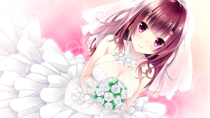 Anime Bride Holding Bouquet — White, Romantic, Veil