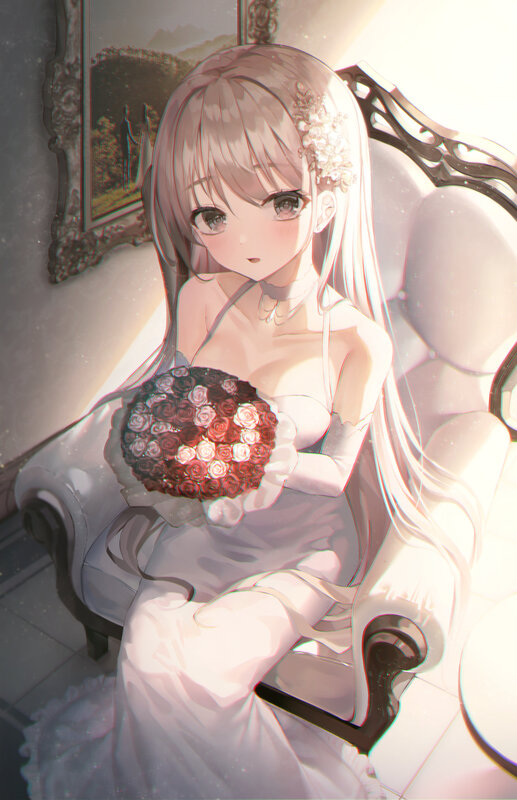 Anime Bride Holding Bouquet — White, Serene, Afternoon, Digital Art, Chair