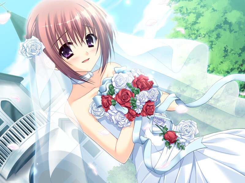 Anime Bride Holding Bouquet — White, Serene, Afternoon