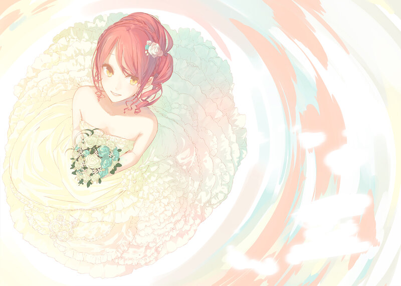 Anime Bride Holding Bouquet — White, Serene, Digital Art