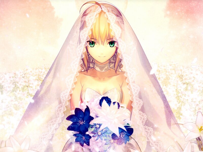 Anime Bride Holding Bouquet — White, Serene, Spring, Digital Art