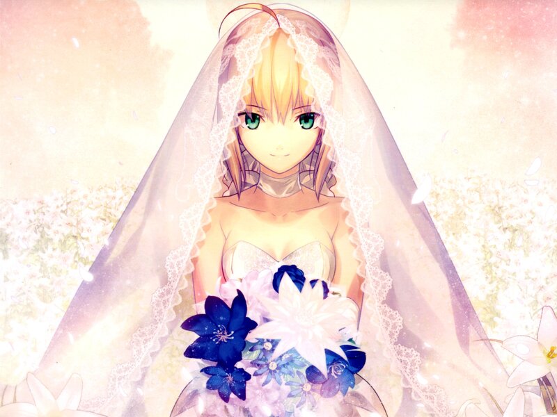 Anime Bride Holding Bouquet — White, Serene, Spring