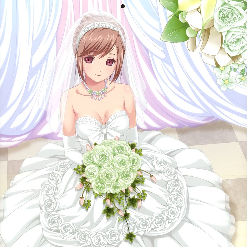 Anime Bride Holding Bouquet — White, Serene, Veil, Dress