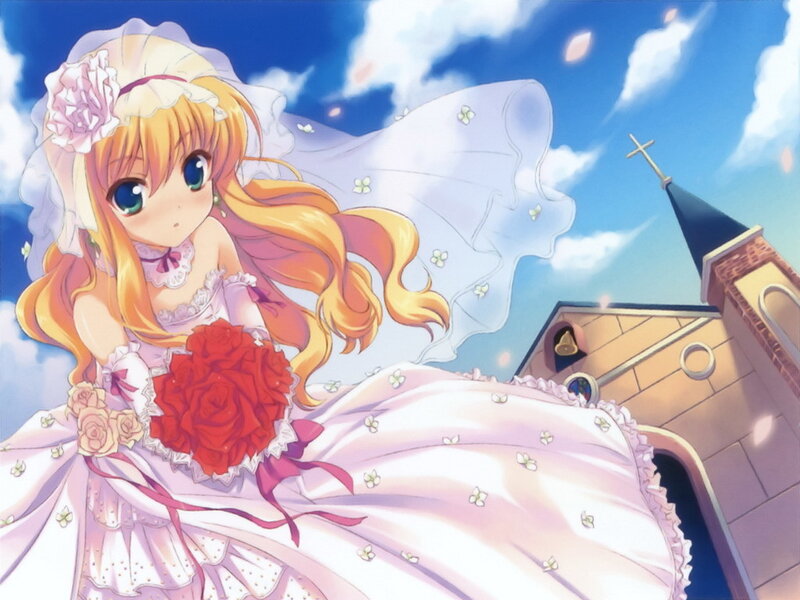 Anime Bride Holding Bouquet — White