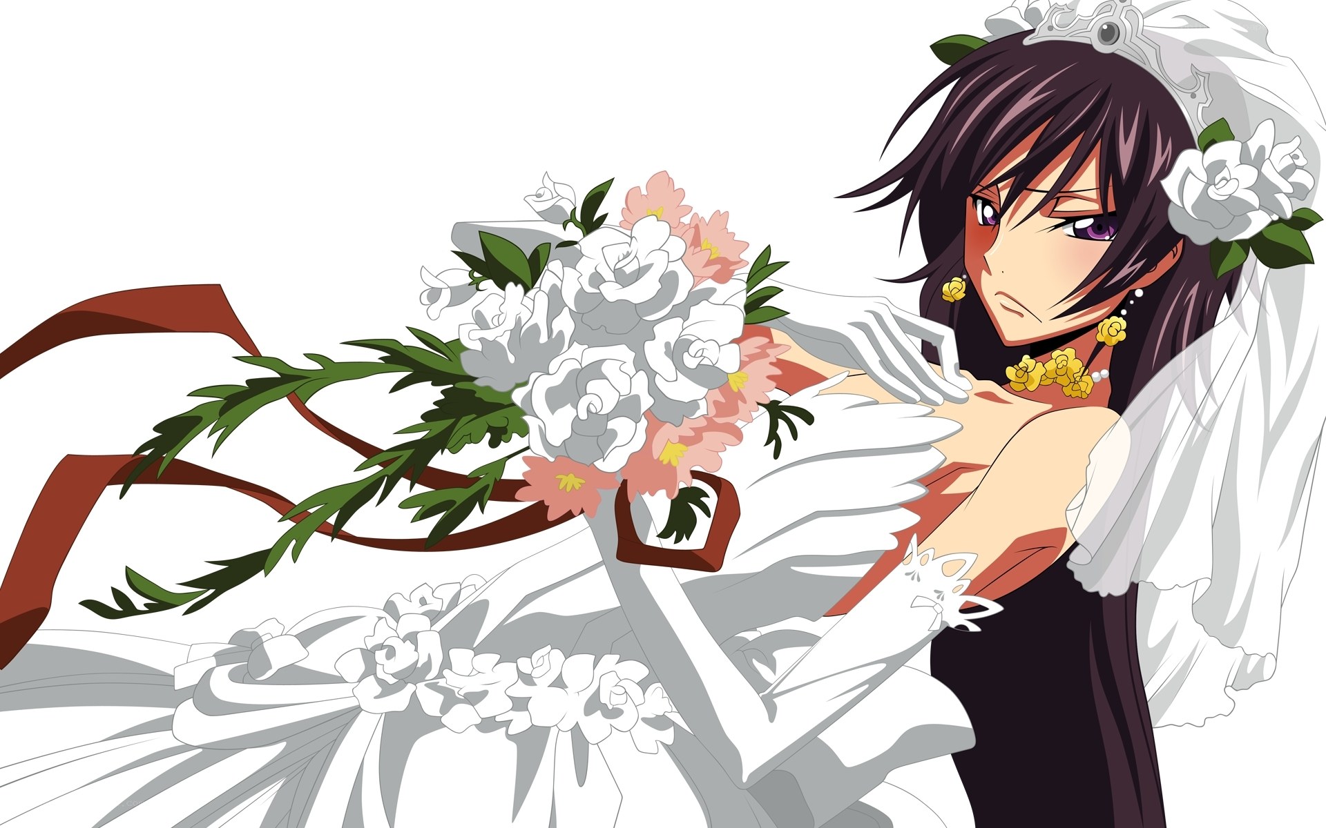 anime bride holding bouquet
